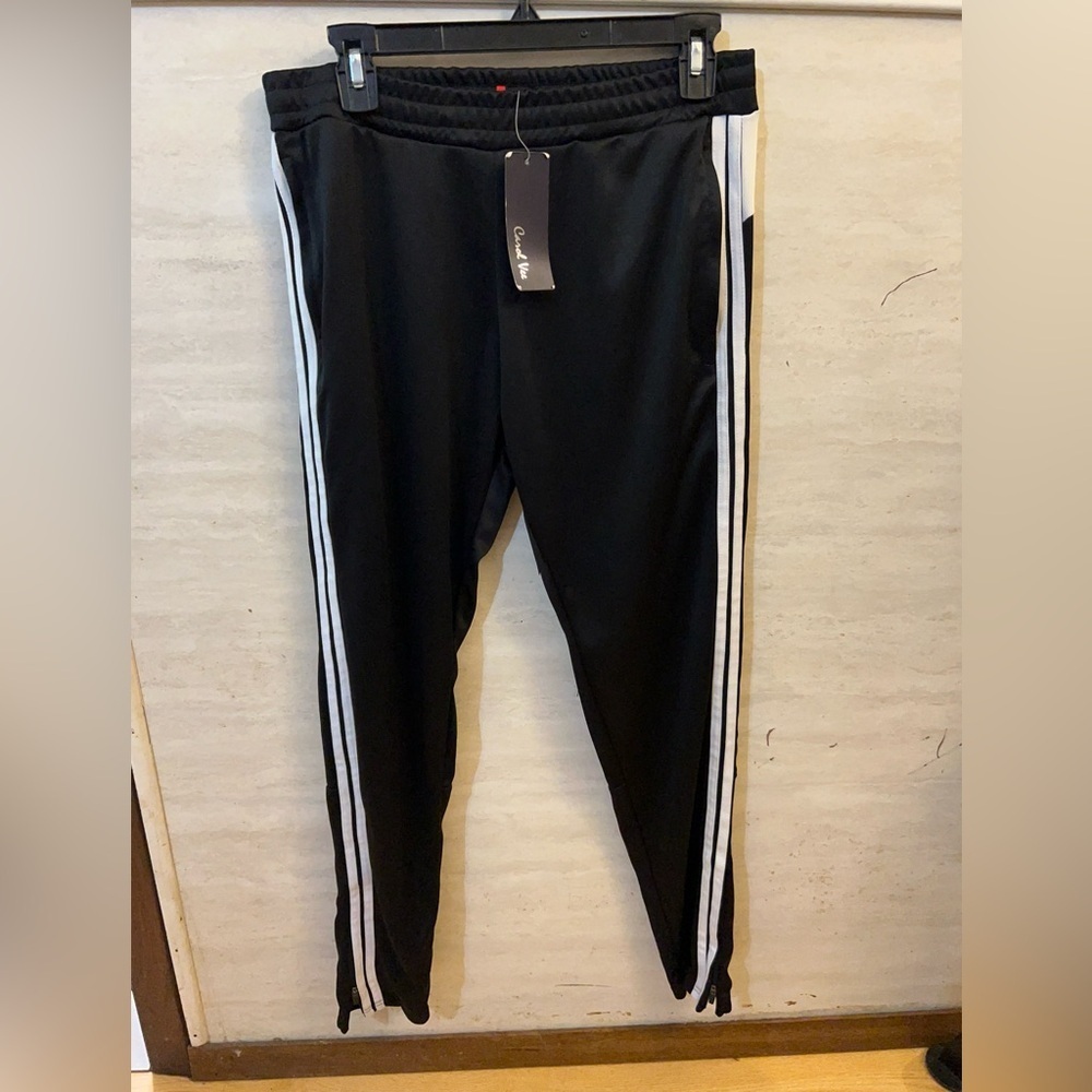 NWT- Carol Vee Black Track Pants with White Stripes - Picture 1 of 9